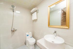 汉阳Weiyi Boutique Hotel的带水槽、马桶和镜子的浴室