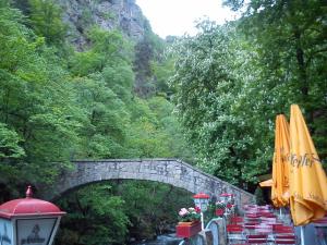 een stenen brug over een rivier met tafels en parasols bij Roßtrappensicht in Thale