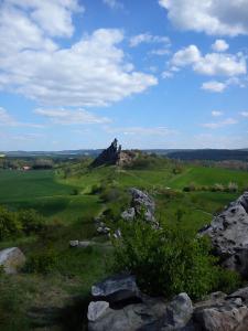 een groen veld met rotsen op een heuvel bij Roßtrappensicht in Thale +6 foto's