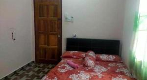 a bedroom with a bed with a red comforter and a door at OYO 90577 Safi Homestay in Kampong Tanjong Gelam