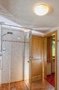 een badkamer met een douche en een glazen deur bij Alpengasthof Enzianhof in Zell am Ziller