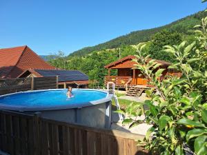 a woman in a swimming pool in a house at Le Repaire de Mitzerlé in Mitzach