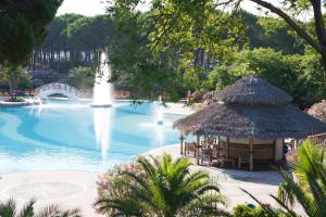 a large swimming pool with a fountain and a hut at Camping Village Pino Mare in Lignano Sabbiadoro