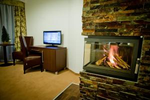 een woonkamer met een open haard en een bureau met een computer bij Apartamenty Rubin in Zakopane