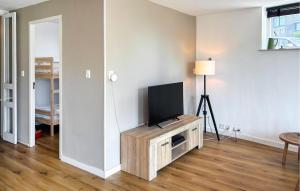 ein Wohnzimmer mit einem Flachbild-TV auf einem Stand in der Unterkunft Nice Apartment In Bergen Aan Zee in Bergen aan Zee