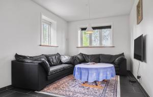 a living room with a black leather couch with a table at 1 Bedroom Amazing Home In Otterup in Otterup