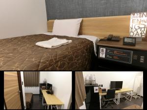 two pictures of a hotel room with a bed and a desk at Hotel Port Moji in Kitakyushu