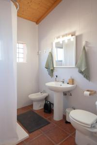 Un baño con lavabo, inodoro y espejo. en Origen Andévalo Alma y paisaje, en Calañas