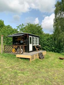 a cabin with a deck in the grass at Wagon With View Over Lake Ollerup in Vester-Skerninge +8 photos