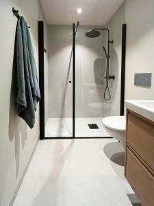 Un baño con ducha, inodoro y lavabo. en New Cabin With Ocean Views In Vesterålen, en Straumsjøen 37 fotos más