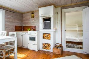 a kitchen with a stove and a bunk bed at Archipelago Cottage With Private Pier In Tjust in Loftahammar