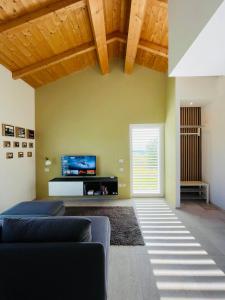 レカナーティにあるWellness Hillside House In Le Marcheのソファとテレビのあるリビングルーム