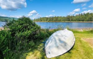 a boat sitting on the grass next to a lake at 2 Bedroom Awesome Home In Östmark in Östmark +13 photos