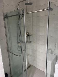 eine Dusche mit Glastür im Badezimmer in der Unterkunft Cozy central apartment in Čapljina + 8 Fotos