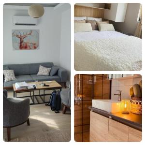 Tivat Terrace Deluxe في تيفات: ثلاث صور لغرفة نوم وصالة جلوس