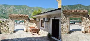 two pictures of a stone building with a bench outside at Kuzman Apartments in Kotor