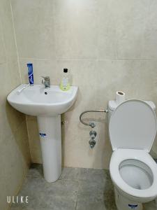 a bathroom with a toilet and a sink at Ennakhail apart in Marrakech +9 photos