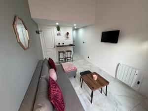 a living room with a couch and a table at Petit Boudoir Lyonnais neuf terrasse climatisé in Vénissieux