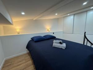a bedroom with a blue bed with two blue pillows at Petit Boudoir Lyonnais neuf terrasse climatisé in Vénissieux