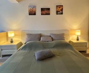 ein Schlafzimmer mit einem großen grünen Bett mit zwei Lampen in der Unterkunft Apartmani Merica in Pakoštane