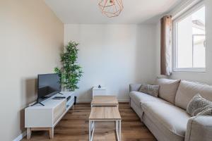 a living room with a couch and a tv at L'Escapade Strasbourgeoise - Magnifique petit T2 refait à neuf in Strasbourg