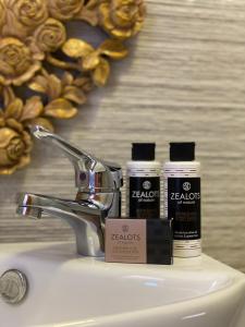カヴァラにあるSea view apartmentのバスルームの洗面台に備わるボトル入りヘア製品2本