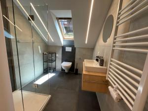 łazienka z prysznicem, umywalką i toaletą w obiekcie Seaways Apartments w mieście Schiefling am See +37 zdjęć