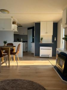 a kitchen and living room with a table and chairs at Summer house Sunny coast in Lankstiņi