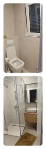 two pictures of a bathroom with a toilet and a tv at Apartment Happy Place in Kaštela +26 photos