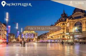 eine Stadtstraße in der Nacht mit Gebäuden in der Unterkunft Studio centre 10 min gare comedie in Montpellier