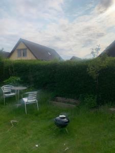 a yard with two chairs and a table in the grass at Cozy room and rooms in a town in Staffanstorp +3 photos