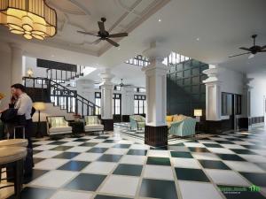a lobby of a hotel with a checkered floor at Koji in Ấp Ngọc Hải