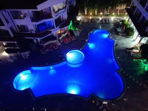 an overhead view of a swimming pool at night at Aura Blu Studio in Sunny Beach