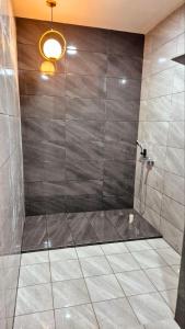 a shower with a glass door in a bathroom at Villa Aisya in Kampung Padang Masirat +23 photos