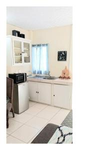 a kitchen with a sink and a microwave at The Hibiscus Retreat in Arima