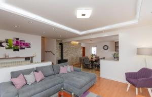 een woonkamer met een grijze bank en roze kussens bij Villa Piplica-Makarska by Villas Guide in Ujevići