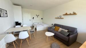 un salon avec un canapé et une table dans l'établissement Lake Lodge am Kranichsee - Hahnenklee im Harz, à Goslar