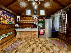 una cucina con pavimenti in legno e frigorifero in camera di Casa Chindris a Ocna Şugatag