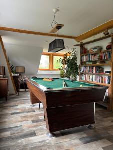 une salle de billard avec une table de billard et des livres dans l'établissement Komfort Maisonettewohnung, à Zirndorf