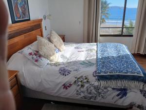 a bedroom with a bed with a view of the ocean at Department la Serena Beach in La Serena