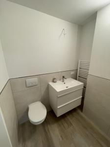 a bathroom with a white toilet and a sink at Appartementhaus Brunsholm in Esgrus