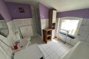 a bathroom with a toilet and a sink and a window at Monteurzimmer an der Schlei in Rabenkirchen-Faulück
