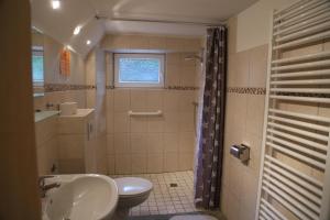 a bathroom with a sink and a toilet and a shower at Monteurzimmer bei Kappeln in Rabenkirchen-Faulück +25 photos