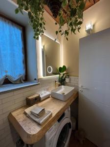 a bathroom with a sink and a washing machine at Luna Home in Arona +48 photos