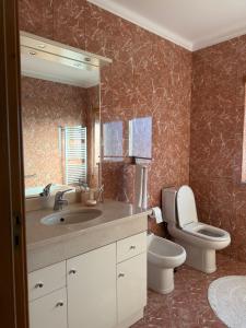 a bathroom with a toilet and a sink and a mirror at Casa7pias in Ponte de Lima +8 photos