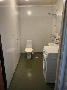 a small bathroom with a toilet and a sink at Cheap Apartment near airport with included parking, washer and dryer Always Ready Finhaugveien 5 in Evenesmarkja +10 photos