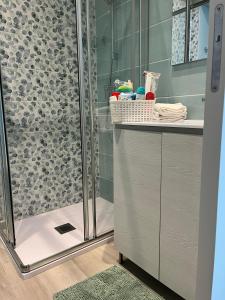 a bathroom with a shower with a counter and a sink at Civico 18 Guest House in Cuneo +18 photos