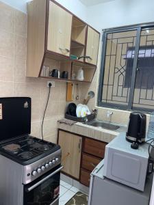 a small kitchen with a stove and a sink at Tulivu Comfortable Studio Apartment in Bamburi Mombasa in Mombasa
