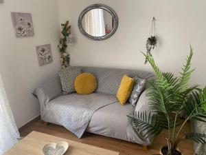 a living room with a gray couch and a mirror at AGGELIKI STUDIOS in Agios Georgios