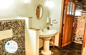 a bathroom with a sink and a mirror at Les Papillons de l'Eau d'Heure - charmant gîte près des lacs in Walcourt